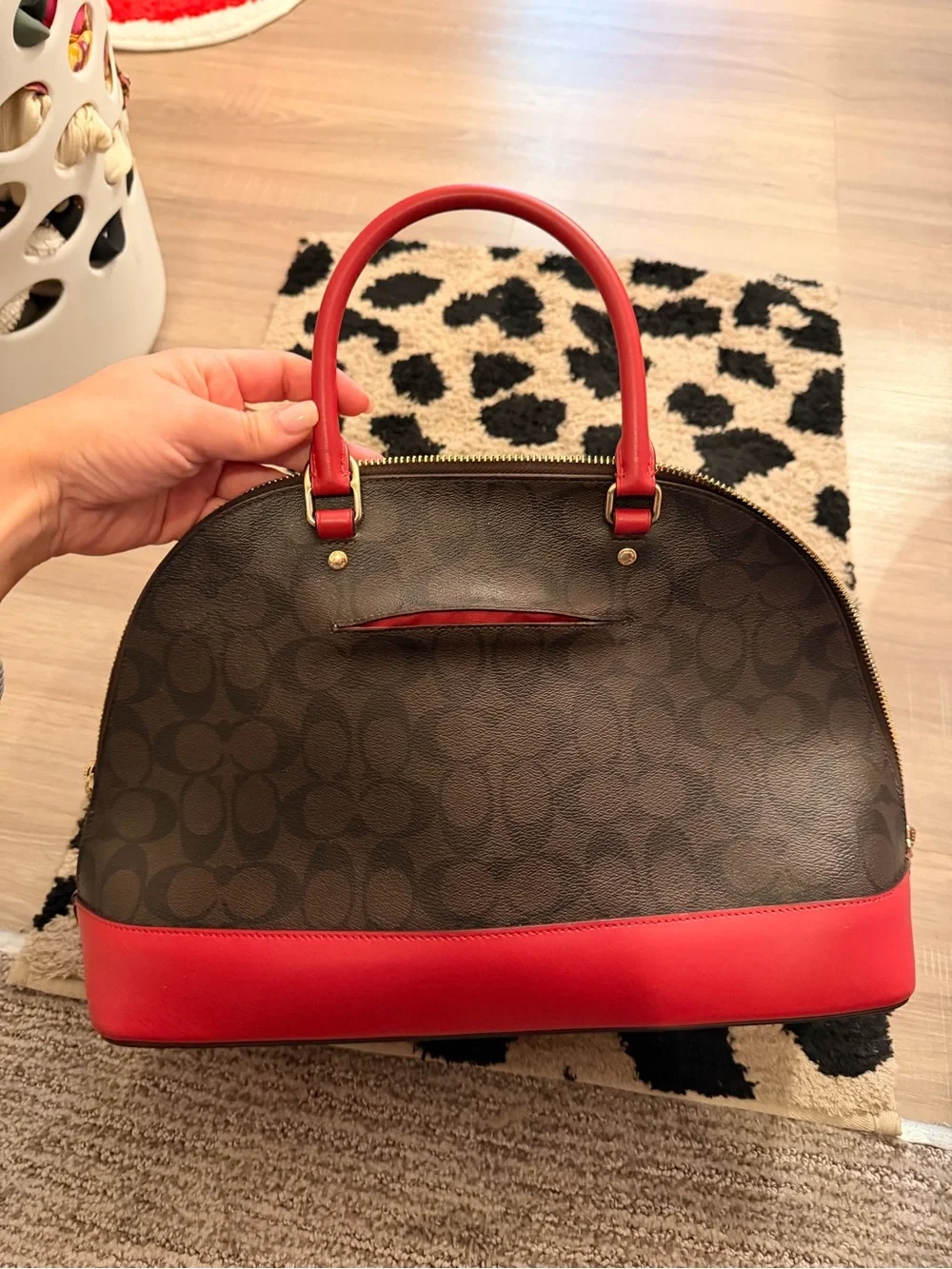 Coach Brown Signature Dome Satchel with Red Trim